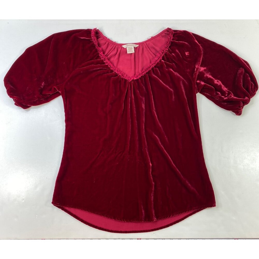 Sundance Womens Red Velvet Peasant Top Short Sleeve Blouse Boho Size Small